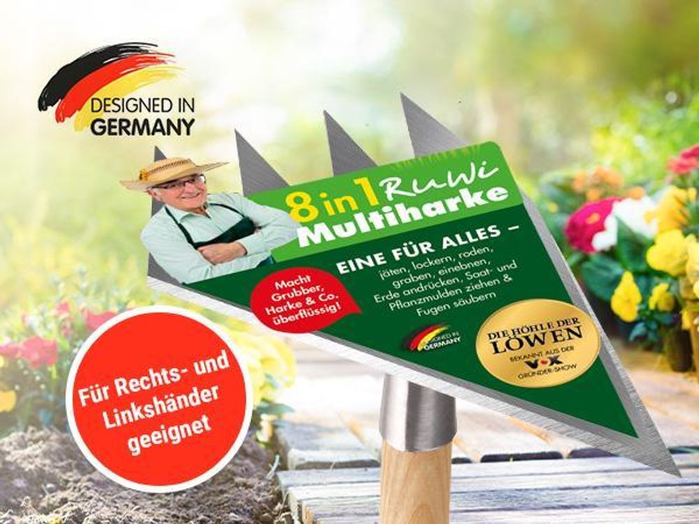 RUWI MULTIHARKE 8in1 | Garten Harke - mit Stiel - Rückenschonend - Gemüse & Blumen Beet - Unkraut jäten - Boden lockern - Pflanzlöcher graben