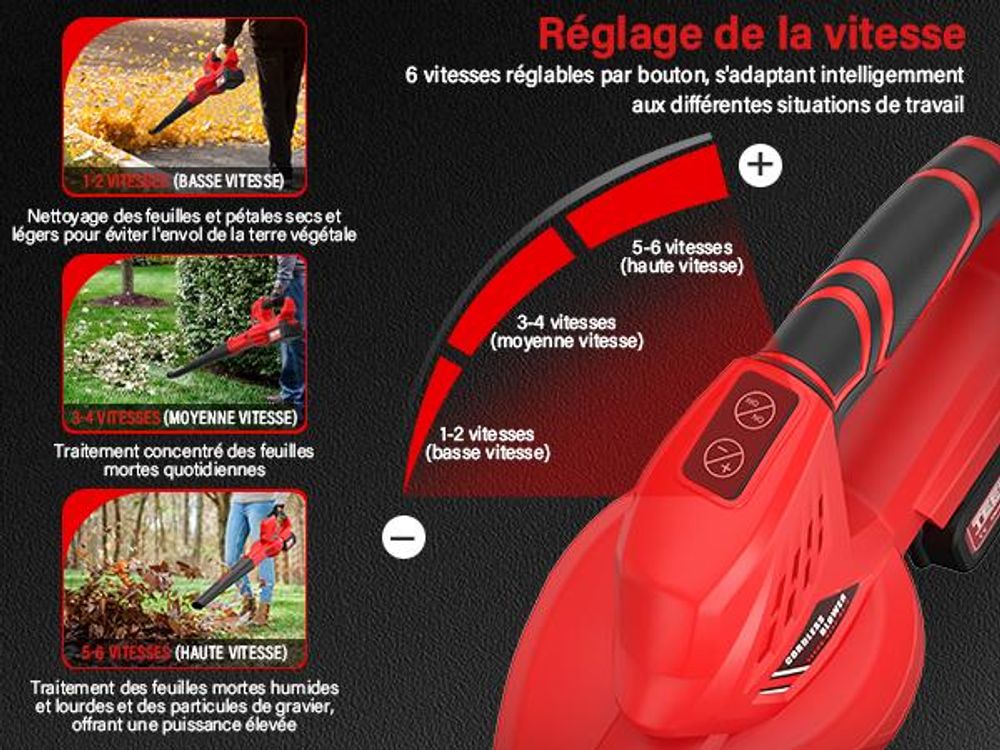 TEENO Souffleur de Feuilles Rechargeable, 21 V, 4,0 Ah, 6 Modes de Vitesse, Vitesse du Vent jusqu'à 210 km/h, Tuyau de soufflage Amovible