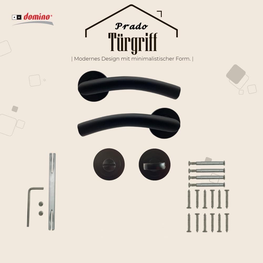 DOMINO Türgriff | WC-Bad Set | Drückergarnitur für Zimmertüren Türdrücker-Set | Rosetten-Garnitur Türbeschläge | Runde Rosette | Znal | PRADO-R BLACK