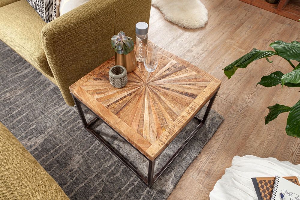 FineBuy Couchtisch Mango Massivholz quadratisch 55x55 cm · Wohnzimmertisch Sternmuster Tischplatte Massivholztisch mit Metallgestell Industrial Design