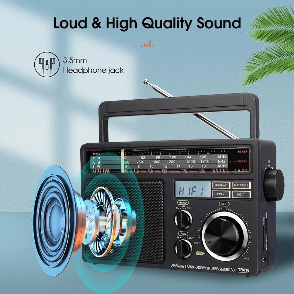Retekess TR618 Radio Batteriebetrieben, Tragbares Radio, AM FM SW, USB SD TF, 3,5-mm-Kopfhörerbuchse, Kofferradio für Senioren, Küche