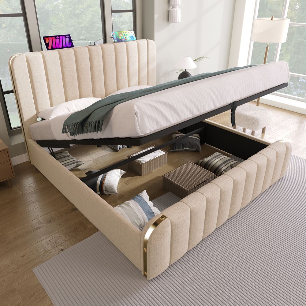 Flieks Polsterbett 160x200cm mit Ladefunktion (USB, Typ-C), Doppelbett Stauraumbett mit Lattenrost, Hydraulisches Jugendbett Boxspringbett, Leinen