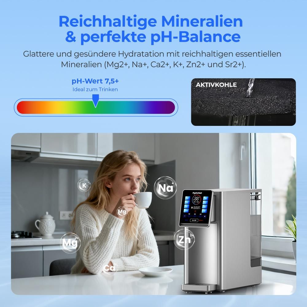Hydrofast W100 Auftisch Wasserfilter mit Umkehrosmose, UV-Filterung, 6-Stufen-Filtration und 8 Temperatureinstellungen