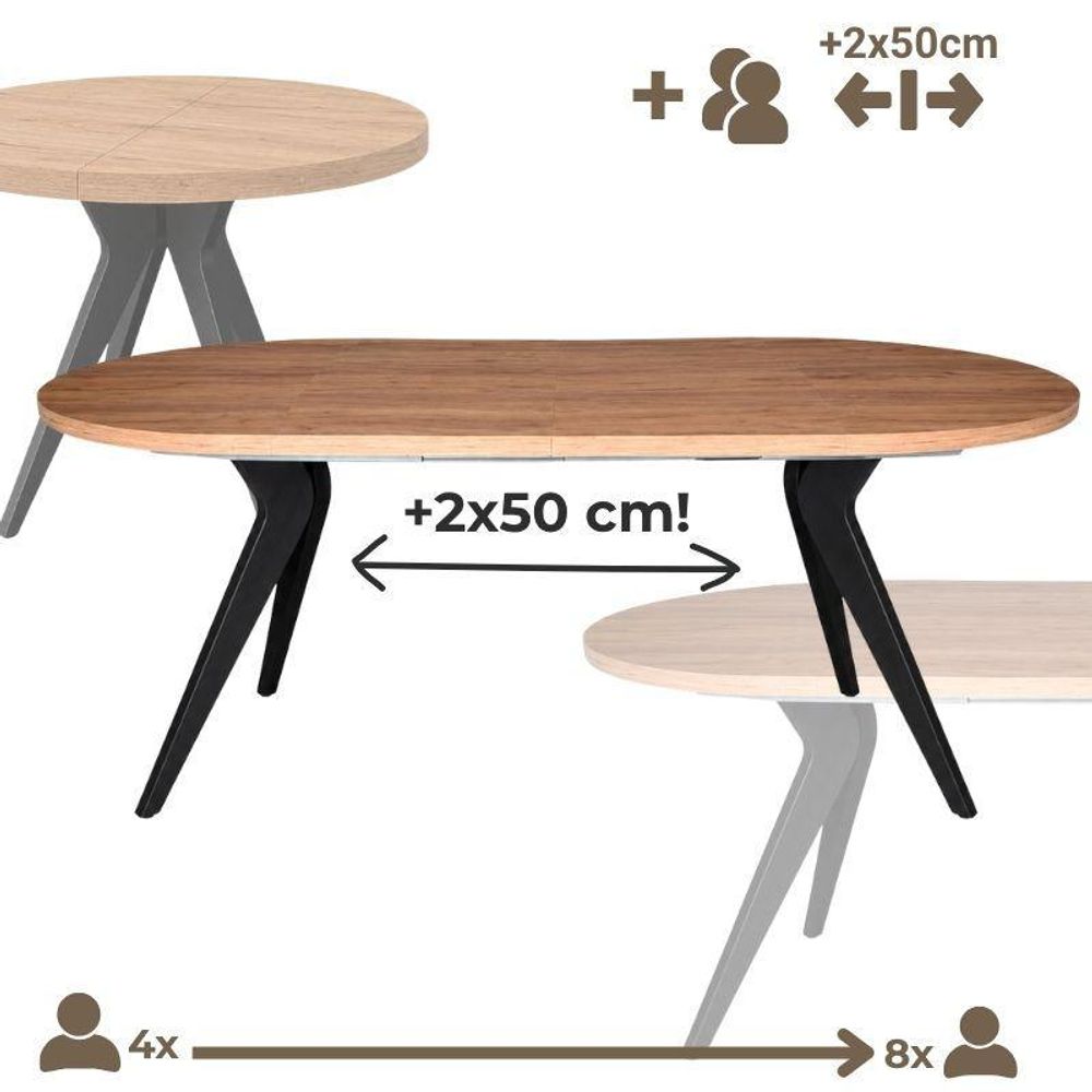 Wohnzimmer Esstisch  VENTO runder Tisch 100 cm, ausziehbar auf 200 cm, für Küche, Esszimmer, Wohnzimmer, Eiche Craft Golden/Schwarz