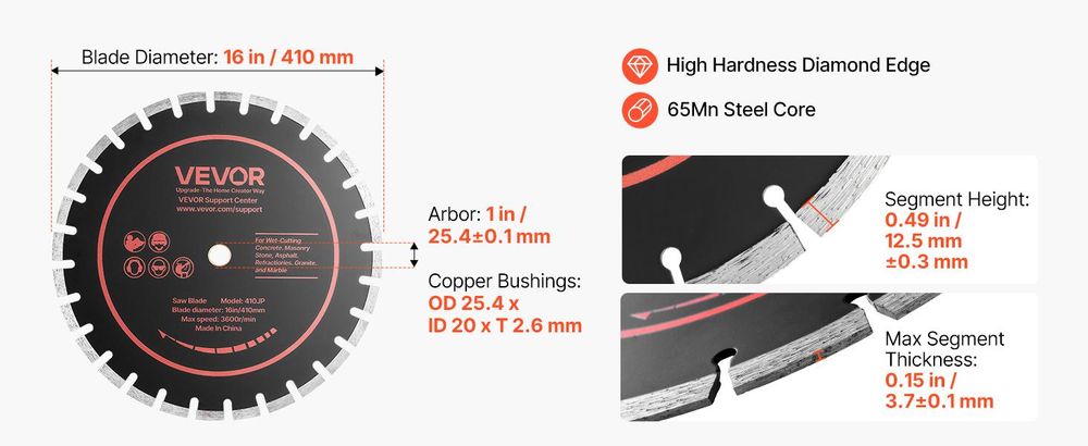 VEVOR 3 Stk. Diamanttrennscheiben 410mm, Diamant-Sägeblätter mit 25,4mm Bohrung & 12,5mm Segmenthöhe, Max. 3600 U/min Diamantscheiben für Trocken/Nass Schneiden, Trennscheibe für Beton Mauerwerk Stein