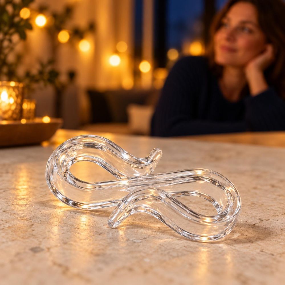 Transparenter S-Haken auf heller Fläche; Lichtdekoration und Person im unscharfen Hintergrund.