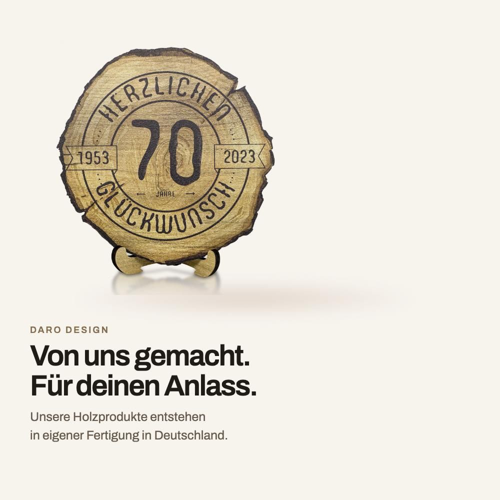DARO Glückwunsch-Scheibe in gedruckter Holzoptik; eigene Fertigung in Deutschland