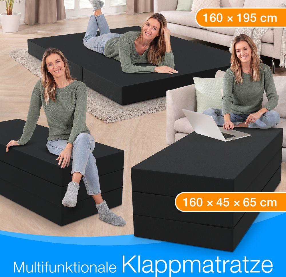 ELONEO Klappmatratze, Gästematratze, 3-teilige Faltmatratze, Schaumstoff extra dick(15cm), Bandscheibenwürfel, klappbar, faltbare Matratze, (Schwarz)