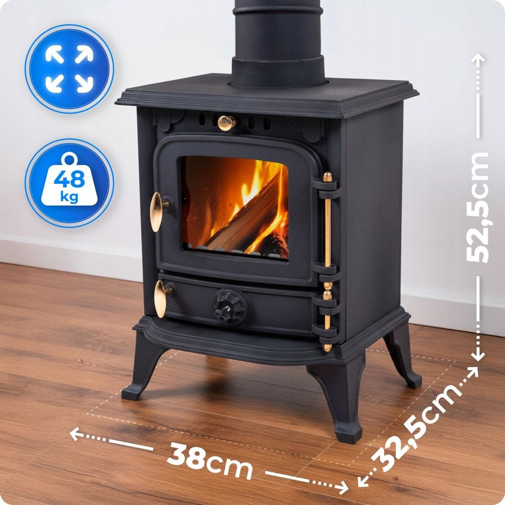 THUNDER® Gusseiserner Holzofen DIANA | 4,5 kW | Freistehend | Kaminofen | Holzheizung | A+ Energieklasse | Ökodesign | Mit Zubehör
