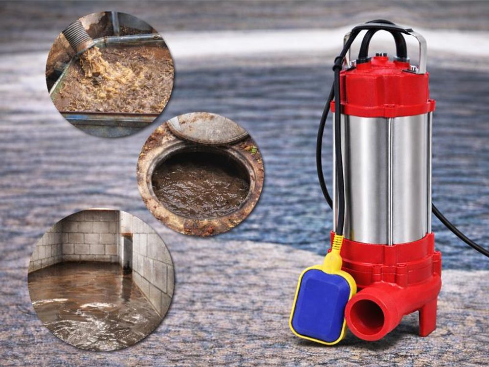 Čerpadlo na vodu/odpadní vody s drtičem a plovákovým spínačem, 750 W, pro čistou a špinavou vodu, úhlový kus pro čerpadlo v sadě