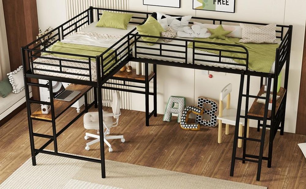 Merax Etagenbett Hochbett 90x200 cm, mit Tisch unter dem Bett, Doppeltreppe, hohes Geländer, 2 Etagenbetten, Metall Kinderbett, Jugendbett, Schwarz
