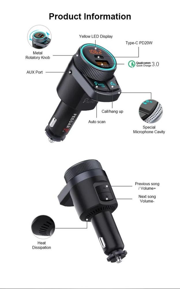 Feegar Q300 Pro FM Transmitter Bluetooth Stereo AUX Auto-Search QC3.0 PD 38W Auto Ladegerät USB HD Mikrofon Typ C PD 3.0/4.0 Siri Assistant Zeigt den