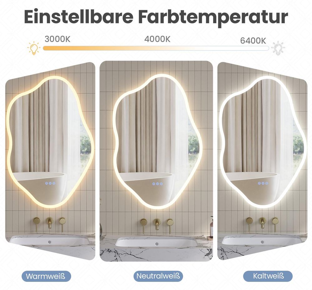 Asymmetrischer LED Badspiegel mit Beleuchtung und Anti-Beschlag 90x60 cm – Unregelmäßiger Deko-Wandspiegel mit Touch-Schalter 3 dimmbaren Lichtfarben