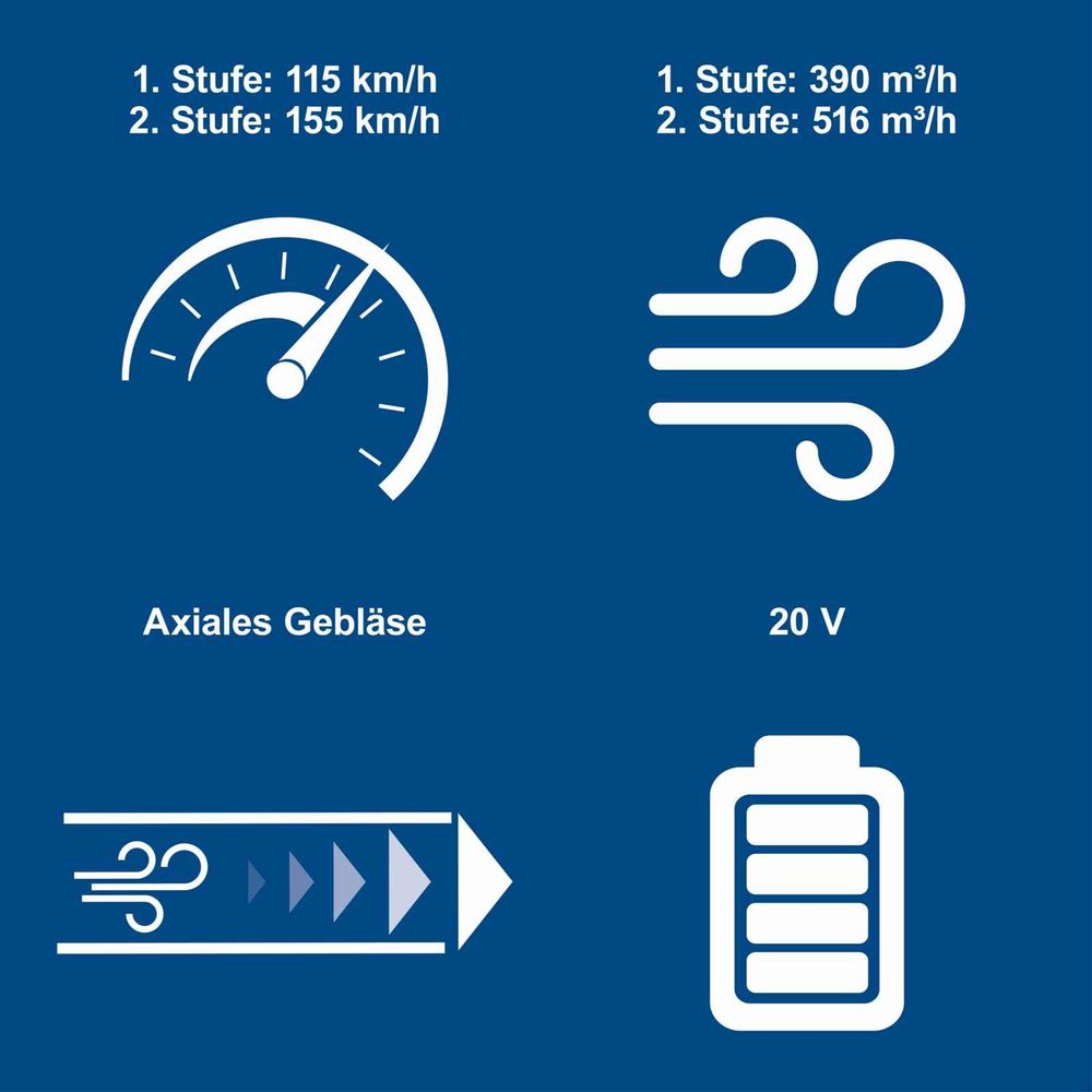 Das Bild zeigt verschiedene Keyfacts des Laubbläsers.