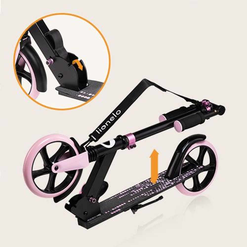 Lionelo Luca Roller Kinder Tretroller bis 100kg Räder 200mm Bremse zusammenklappbar Schwarz Rosa