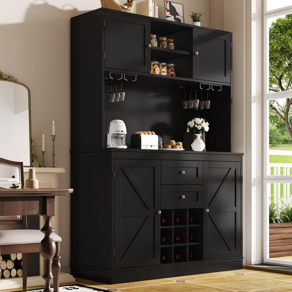 STILVORA Multifunktionaler Küchenanrichte Buffet mit Schubladen und verstellbaren Ablagen,Highboard mit Weinregal Sideboard für Küche & Wohnzimmer, Buffetschrank, Schwarz