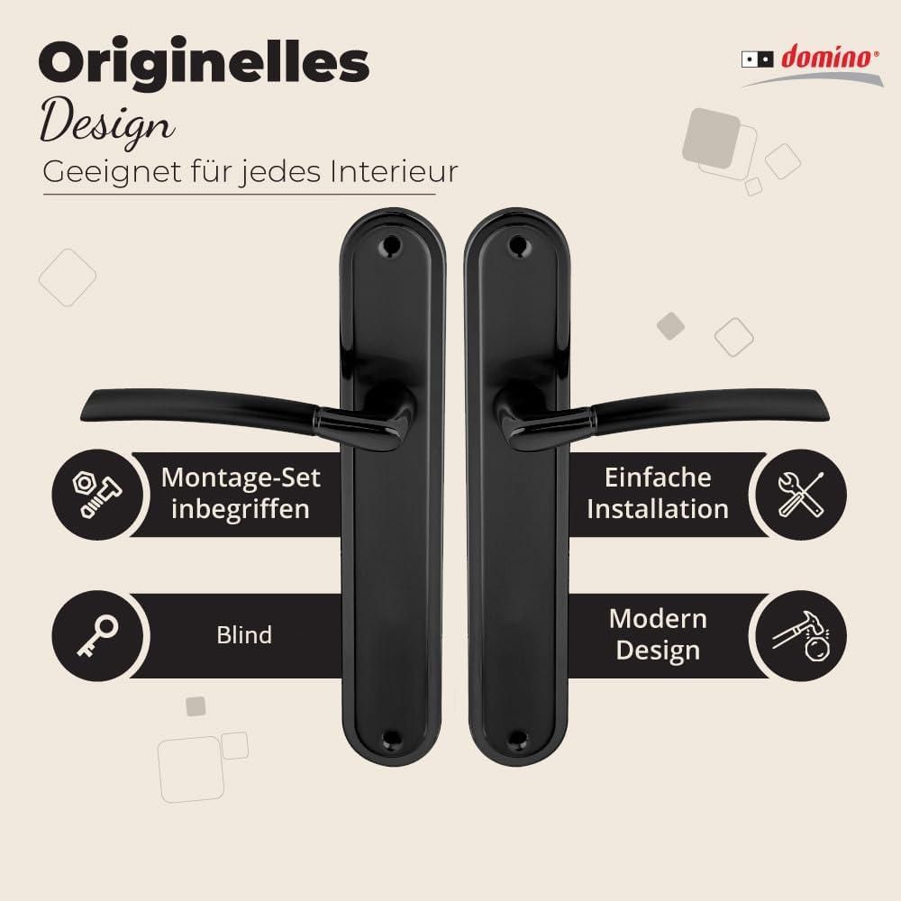 DOMINO Türgriff Blind Drückergarnitur | Langschildgarnitur | Türklinke für Zimmertür, Bürotür, Kellertür & Innentür | L-Form | Türbeschläge aus Aluminium | Schwarz Türdrückergarnitur |PRESTO BLACK