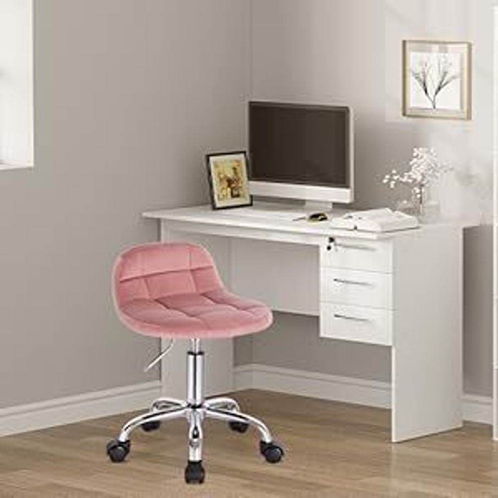 WOLTU Bürohocker mit Rollen, mit niedriger Rückenlehne, höhenverstellbar, Samt : Rosa Farbe: Rosa