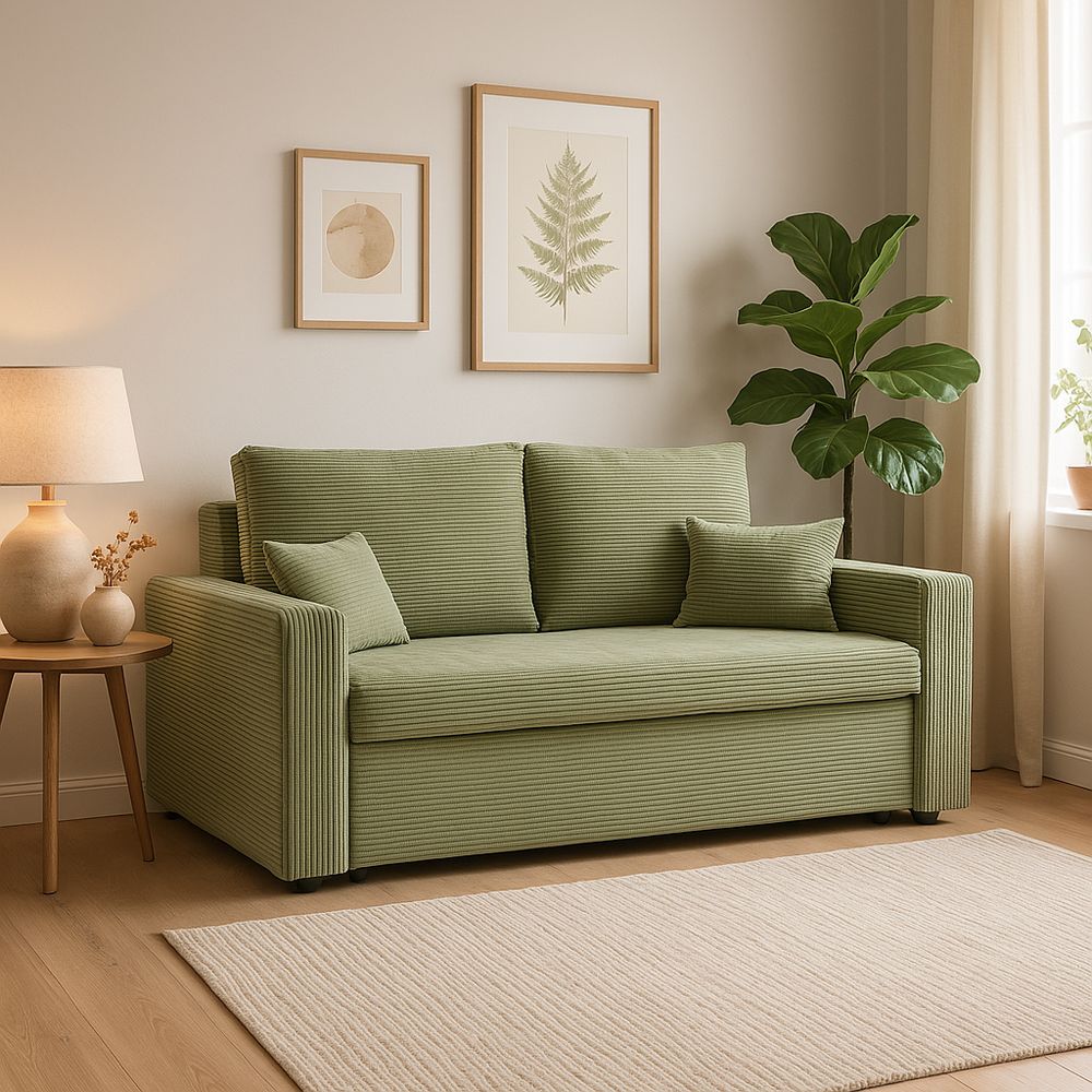 Sofa AIKIDO 150x85 - mit schlaffunktion - Farben zur Auswahl - modernen Sofa - mit Bettkasten - Moderner Cordstoff - Stoff POSO 047 Olivgrün