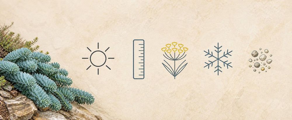 Icon-Schnellfakten-Grafik: Sonne, Lineal, Blüte, Schneeflocke, Sandkorn.