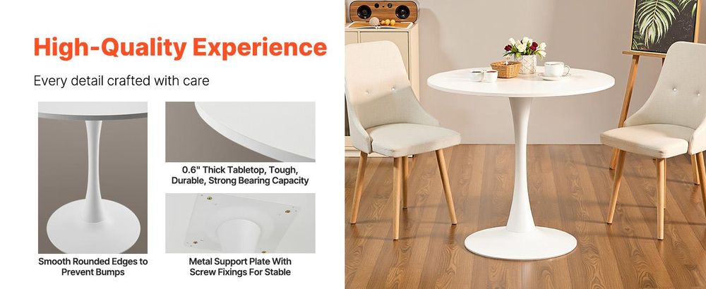 VEVOR runder Esstisch Küchentisch Holztisch (80 cm / 113,4 kg belastbar) für 2–4 Personen, moderne Bürotische mit Säulenfuß im Tulpendesign, für Küche zu Hause Wohnzimmer, weiß (nur Tisch)