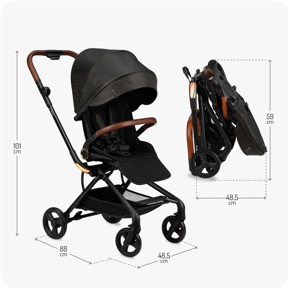 MoMi ADELLE – Leichter Kompaktbuggy mit 360° drehbarem & umkehrbarem Sitz, verstellbar, XL-Dach – Schwarz/Gold