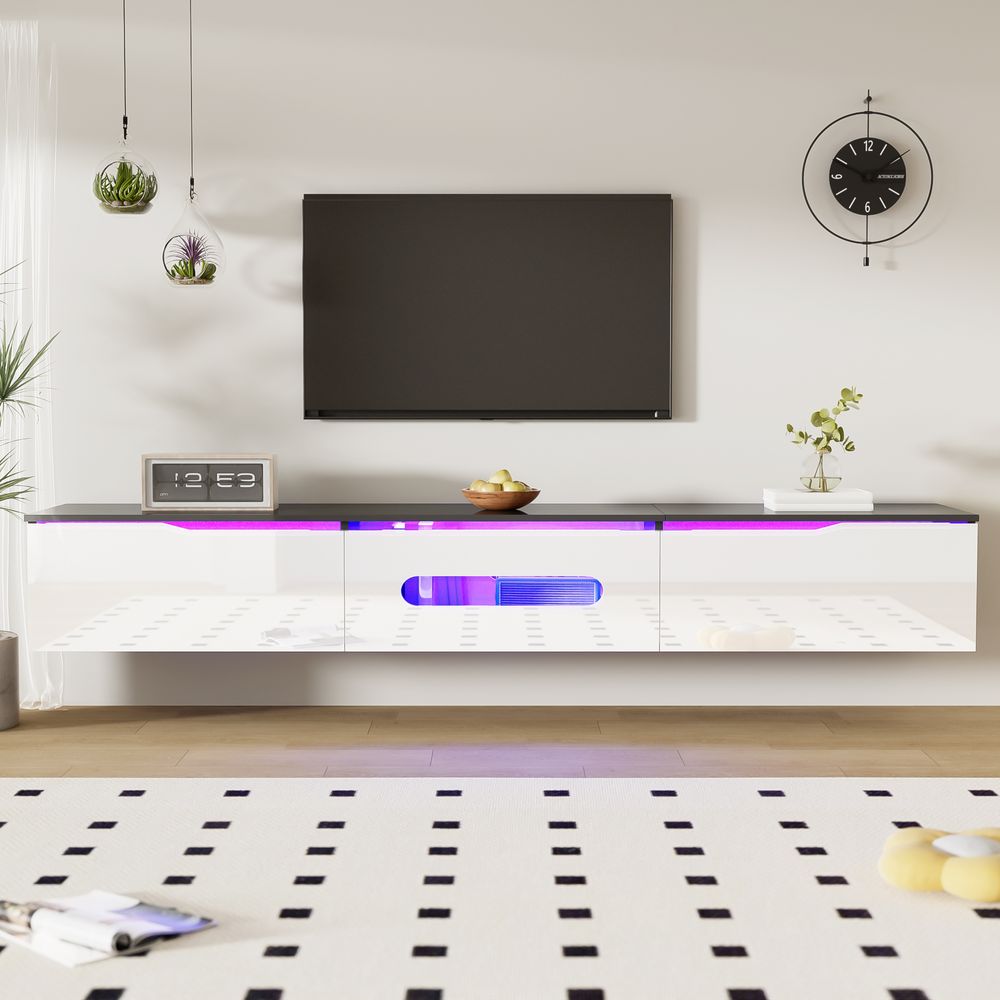 Merax TV-Schrank mit 16-farbiger LED-Beleuchtung, Lowboard mit Hochglanzoberfläche, Stauraum und minimalistischer Stil, Weiß