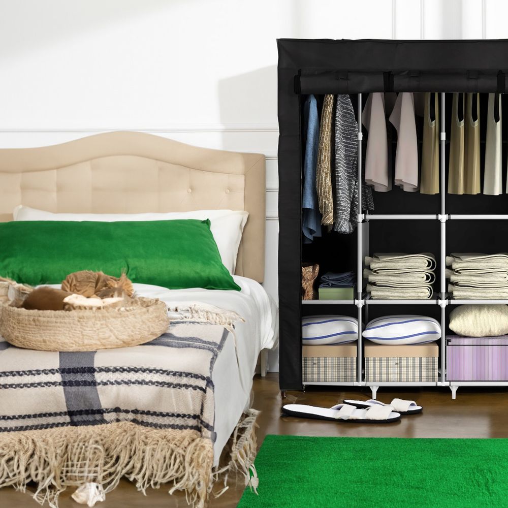 Stoffschrank 165x170x45 cm mit Kleiderstange Faltschrank Reißverschluss Seitentasche Kleiderschrank Fächern Steckschrank Textil Garderobe Retoo