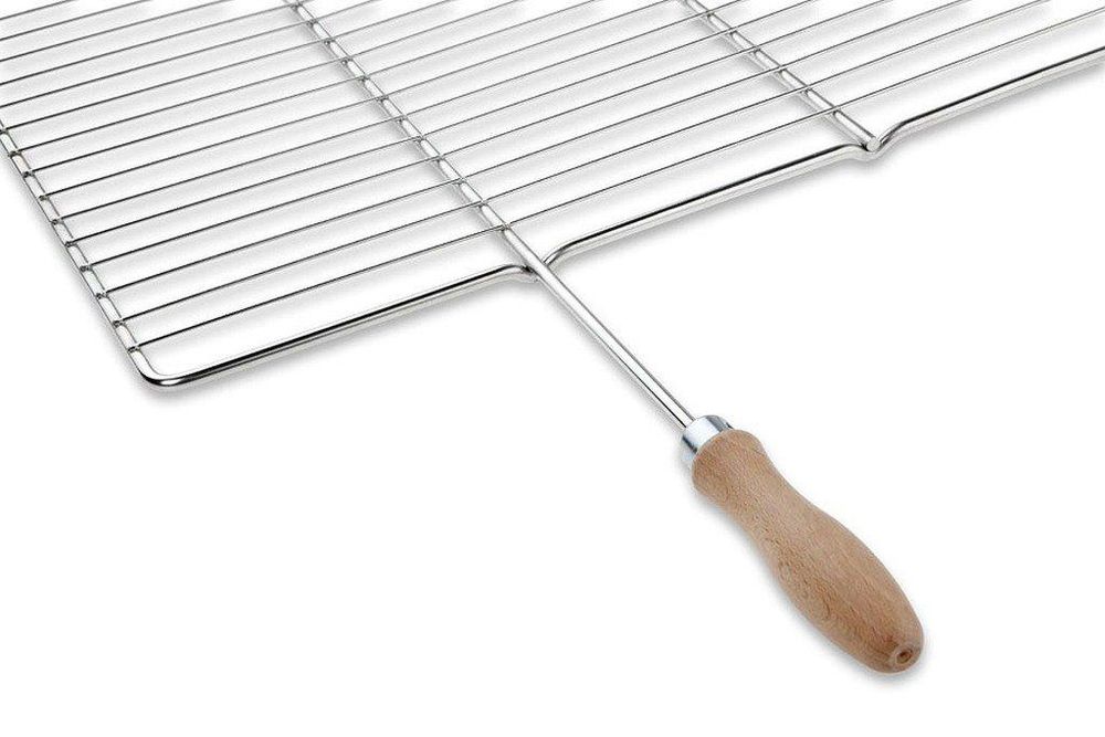 Griglia in acciaio inox 68 × 38 cm con manici in legno – dettaglio costruttivo