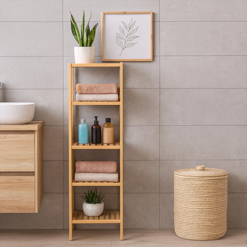 BEGRYF Bambusregal 5 Ebenen – Standregal 140 cm hoch, Badregal aus natürlichem Holz, offenes Regal für Bad, Küche oder Flur, 33x34 cm