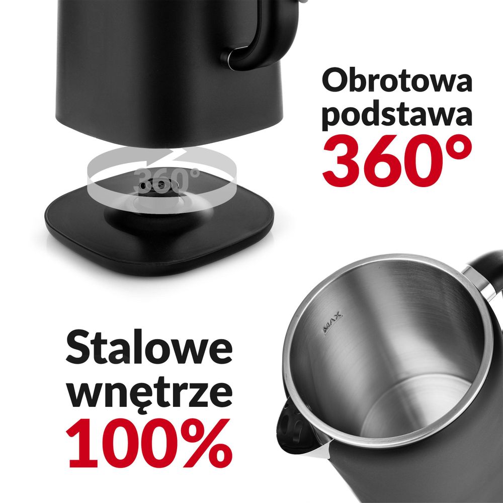 Czajnik elektryczny bezprzewodowy LEHMANN 1,7 l z regulacją temperatury 45-100°C,  z funkcją utrzymywania ciepła i panelem dotykowym, czarny matowy