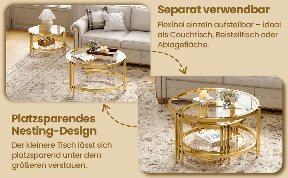 MODFU 2er set Couchtische Rund,Wohnzimmertisch set mit 2 Satztisch Sofatisch,Beistelltisch Gold mit Metallgestell,80×80×45cm