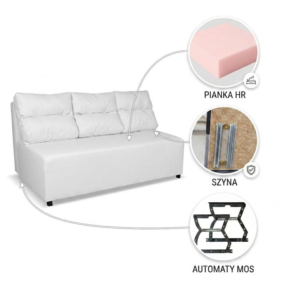 Schlafsofa KIMO Boston – mit Schlaffunktion und Bettkasten, Kunstleder in Weiß, Family Meble