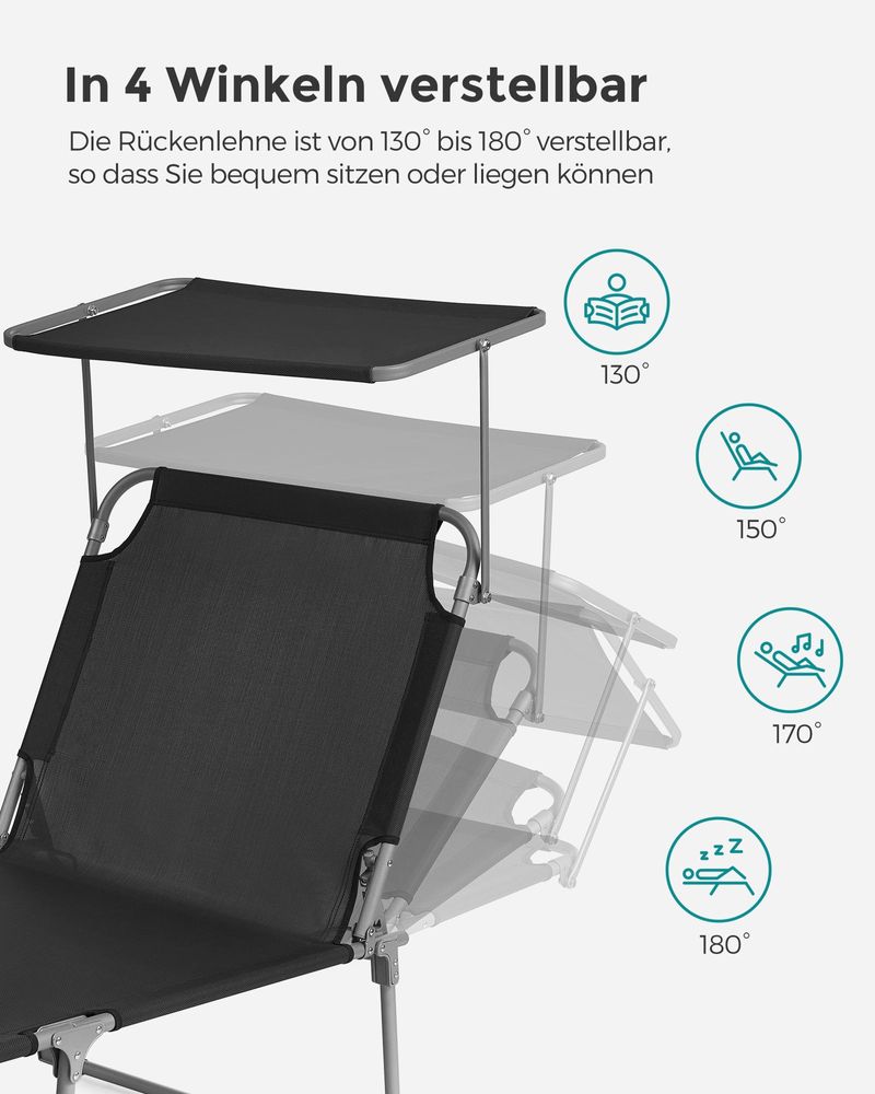SONGMICS Große Sonnenliege, klappbarer Liegestuhl, Mit Seitentasche, 71 x 200 x 38 cm, Belastbarkeit 150 kg, verstellbarer Rückenlehne Schwarz