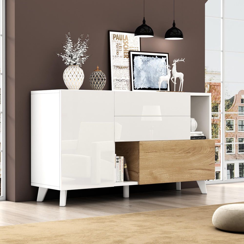 Merax Hochglanz Sideboard 130x40x70 cm in Weiß & Holzoptik, Kommode mit Türen, Schubladen und offenen Fächern, moderner Ess- & Wohnzimmerschrank