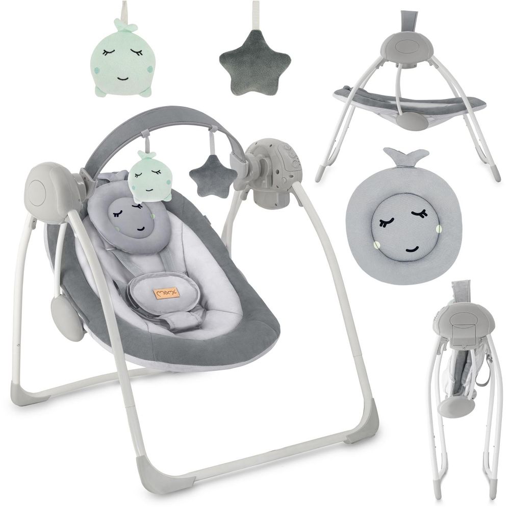 MoMi LISS – Elektrische Babywippe klappbar mit Timer, 5 Geschwindigkeiten, 6 Melodien & verstellbarem Spielbogen - Grau