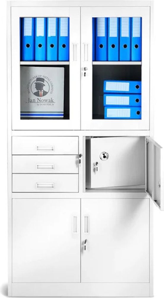 Aktenschrank C018S Büroschrank Metallschrank Tresor Safe Geheimfach Schubladen Pulverbeschichtung 185 cm x 90 cm x 40 cm (H x B x T), Farbe: Weiß