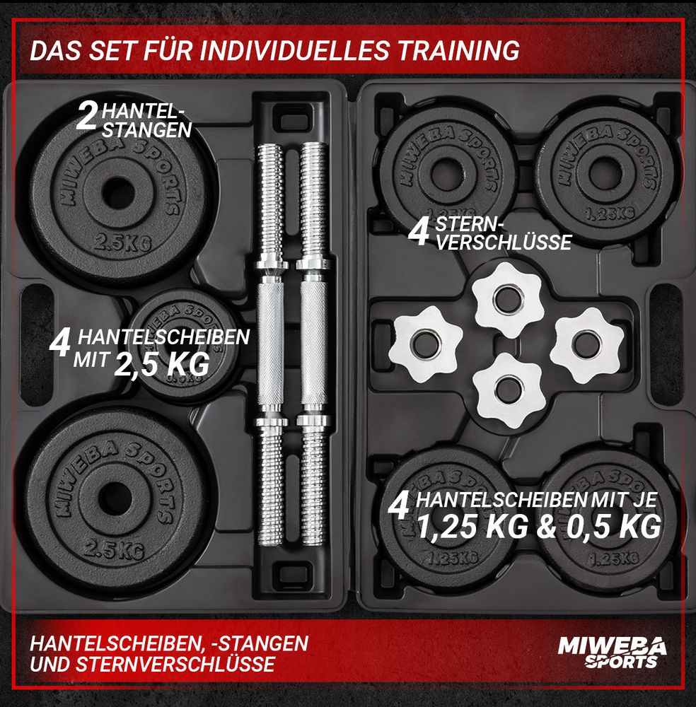 Miweba Sports Hantelset MKH120 | 20 kg - inkl. Kunststoffkoffer - 2x Hantelstange - 4x Sternverschluss - 4x 2,5 kg - 4x 1,25 kg - 4x 0,5 kg (Schwarz)