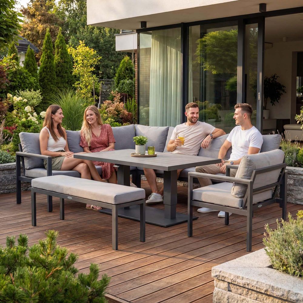di volio Gartenmöbel Set Noli – grau, Outdoor Lounge aus Aluminium mit höhenverstellbarem Kunstholz–Tisch, wetterfest & bequem für 10 Personen