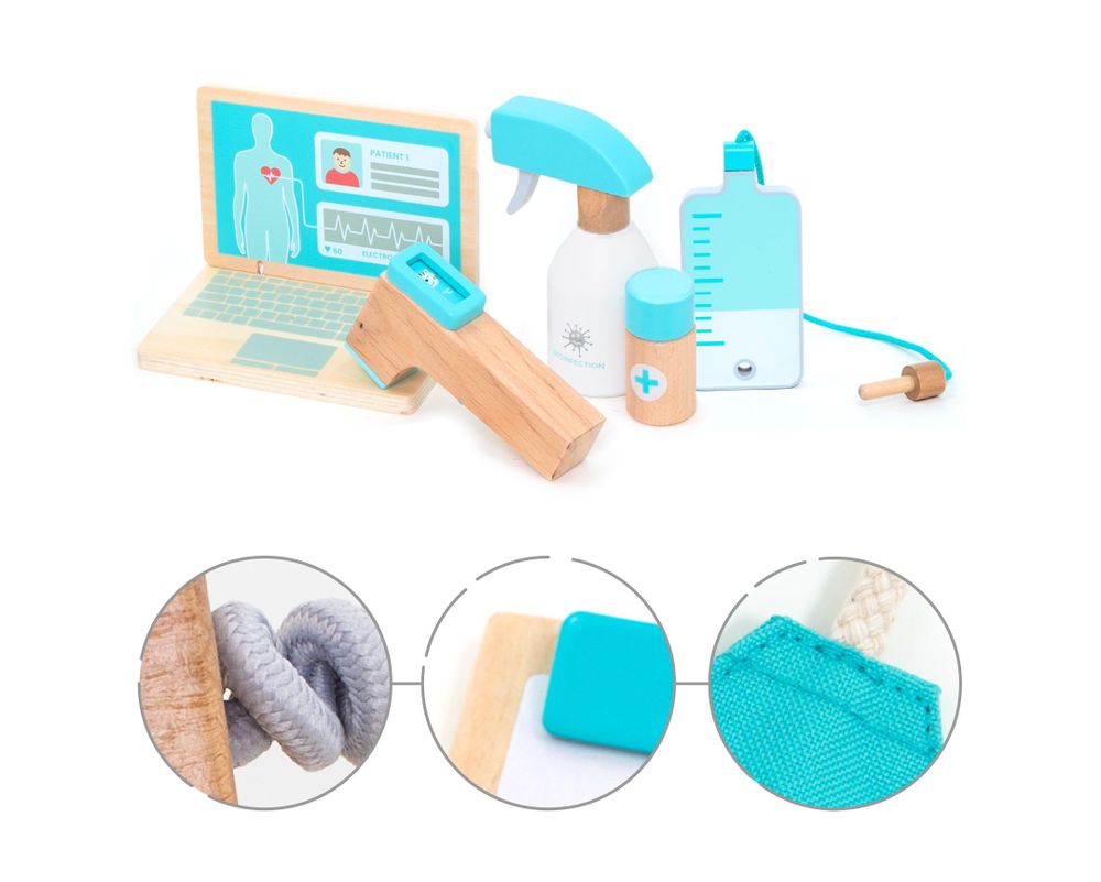 Holzinstrumente, Arztkittel und textile Arzttasche des UMU Deluxe PLUS Arztsets