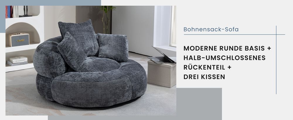 MODFU Doppel-Sitzsack Schlafsofa mit 3 Kissen & gepolsterten Schaumstoffpolsterung,Relaxsessel Extrabreit Sitzsacksofa Posterstuhl,108×108×52cm,Grau