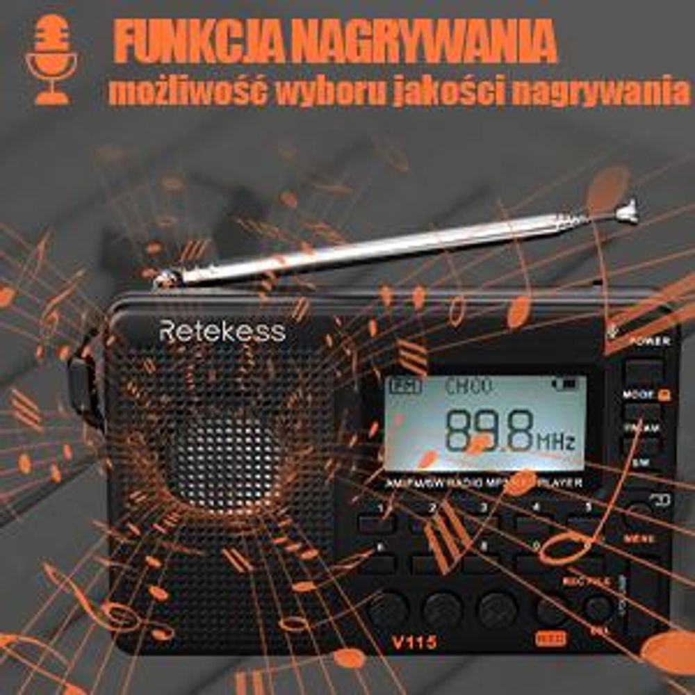 Przenośne radio Retekess V115, radio AM FM SW z akumulatorem 1000 mAh, karta TF 32 GB, prezent świąteczny dla rodziny