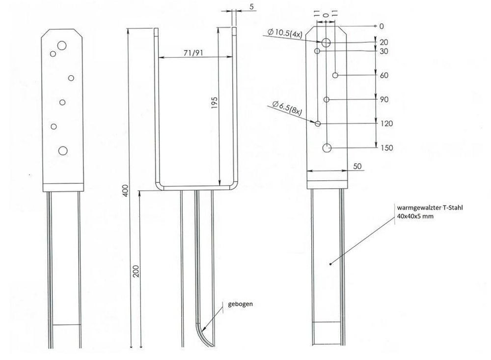 Pfostenträger zum Einbetonieren mit T-Dolle für Holzbalken 120 mm (12 cm)