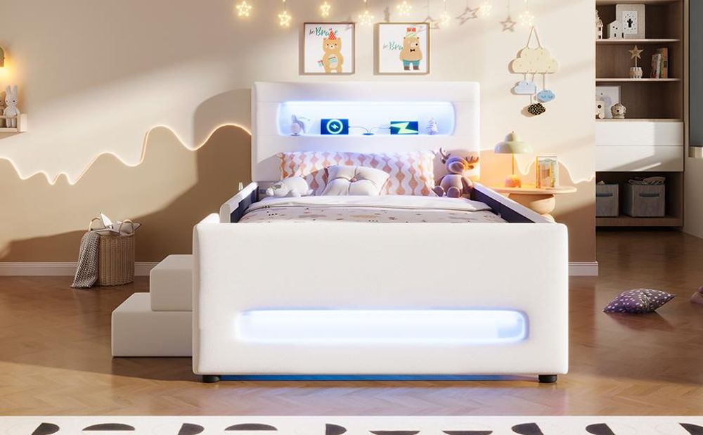 Merax Polsterbett Kinderbett 90x200 cm mit LED-Lichtleisten, Treppe, Schublade und Aufbewahrungstaschen, Plattformbett, Jugendbett, Flachbett, Weiß