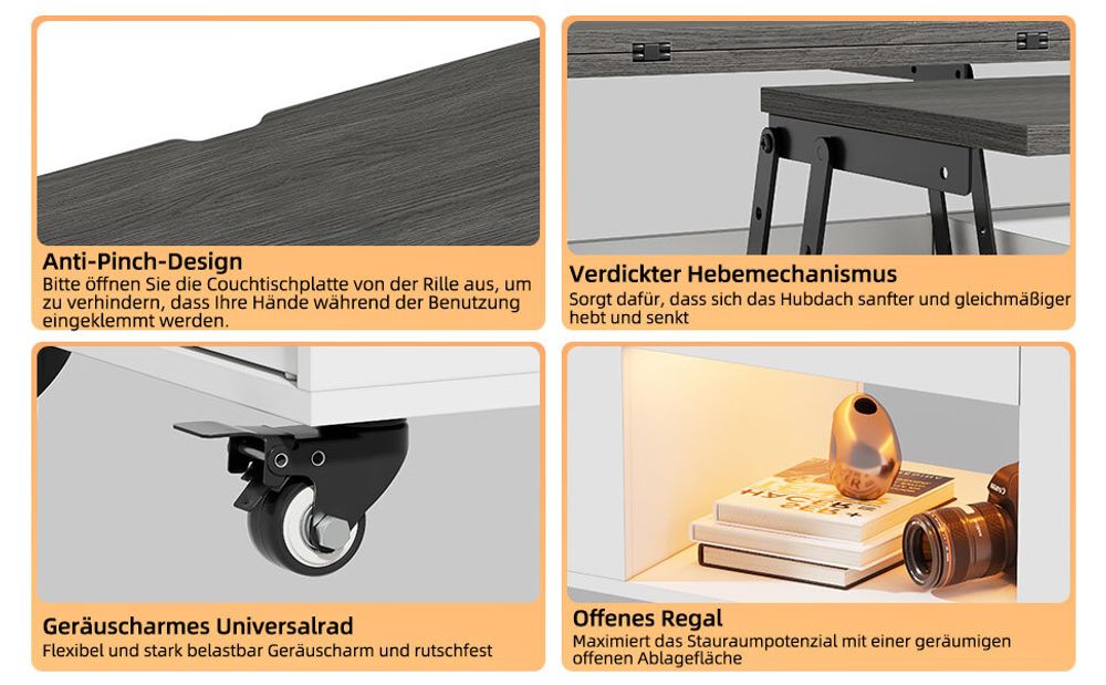 Couchtisch mit 4 Hockern& LED,  Verwandlungs Esstisch, ausziehbarer Tischplatte, Universalrad, Höhenverstellbar, Spart Platz, 105 * 100/50 * 55.5 cm