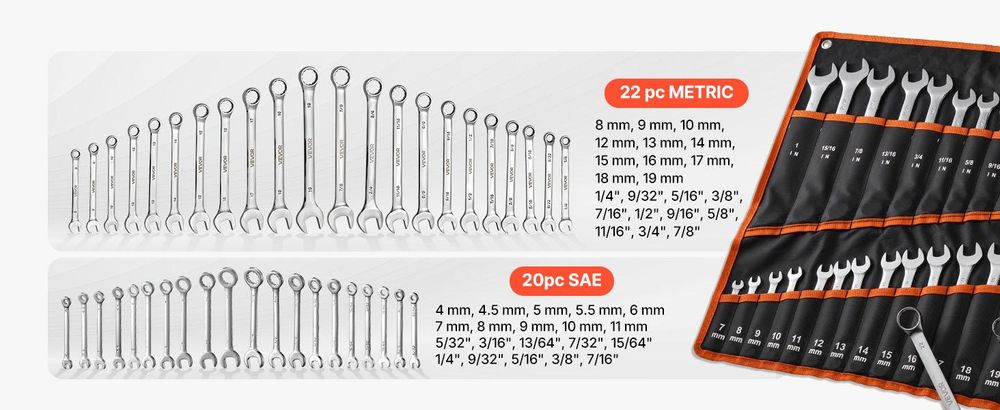 VEVOR Maulschlüsselset, 30-teiliges Ratschen-Schlüsselset mit Organizer-Rack, Cr-V Stahl-Schlüsselset SAE 1/4" bis 1", metrisch 8 mm bis 24 mm, ideal für den allgemeinen Haushalt, die Garage, die Werkstatt, Notfälle, 42 Stück