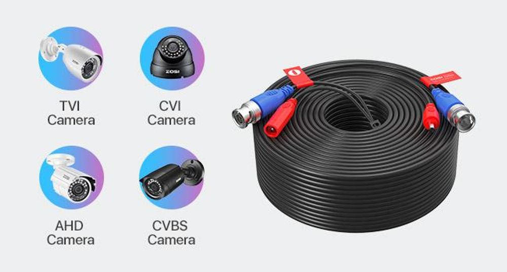 ZOSI 4X 45 Meter Video Kabel BNC Verlängerungskabel für CCTV 4K 5MP 1080P DVR Überwachungskamera System, Mit 100x Kabelklemmen
