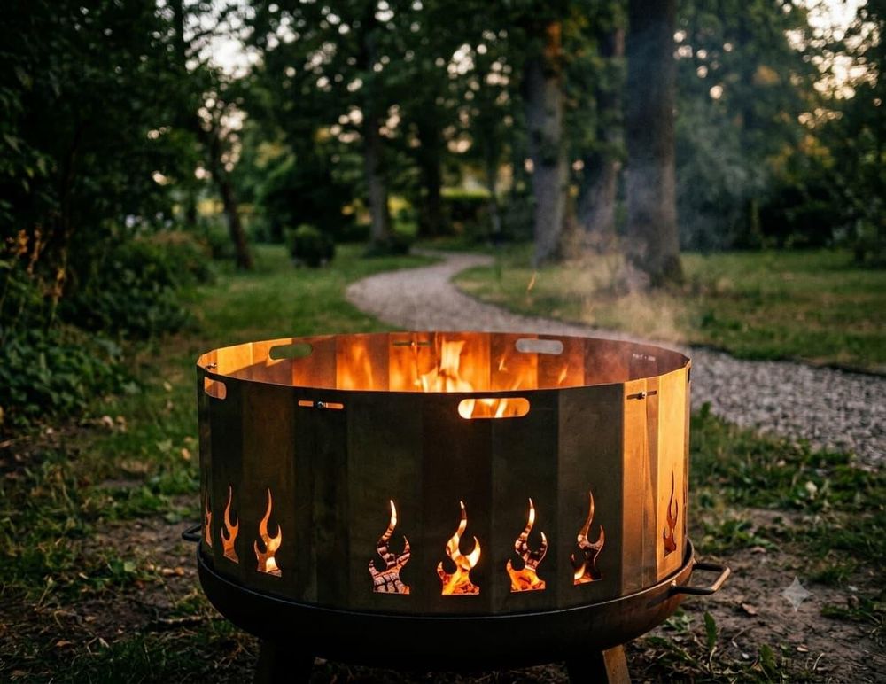 Nahaufnahme des lasergeschnittenen Flammenmotivs im Funkenschutz aus Stahl