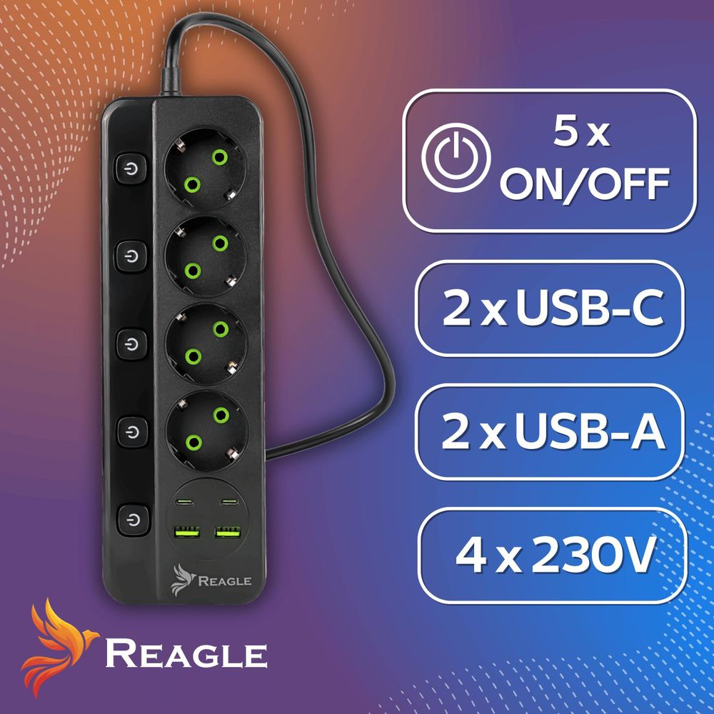 REAGLE Steckdosenleiste 3 m mit Überspannungsschutz, 4 Steckdosen, 2x USB, 2x USB-C, Mehrfachstecker mit Verlängerungskabel für Büro und Zuhause