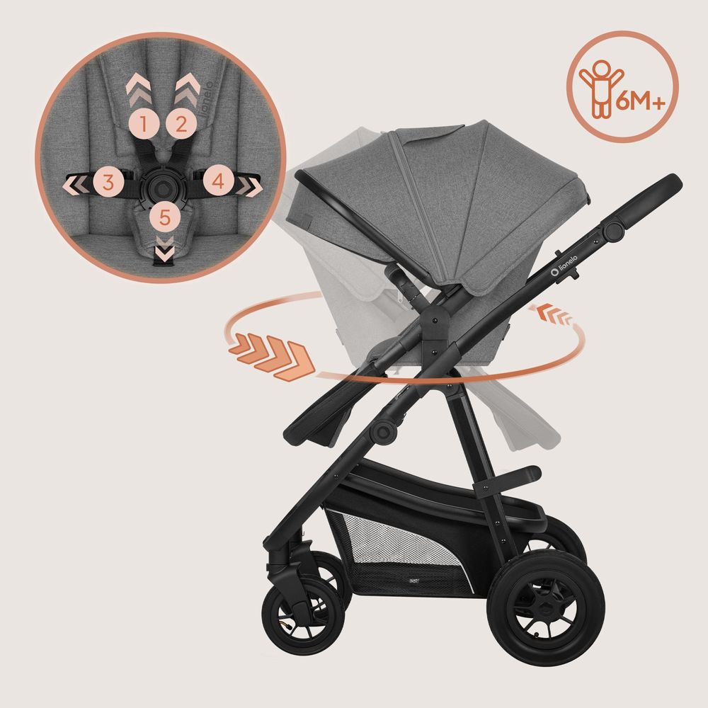 Lionelo Bianka 3in1 Kinderwagen, Autotransporter, Autositz, klappbar, Travel System Rückenlehne verstellbar 360o Räder Polsterung, Verdeck XXL-Grau